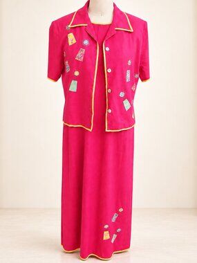 Citi Pink 2pc Floral Applique Shirt Dress Set Linen Blend Size 6